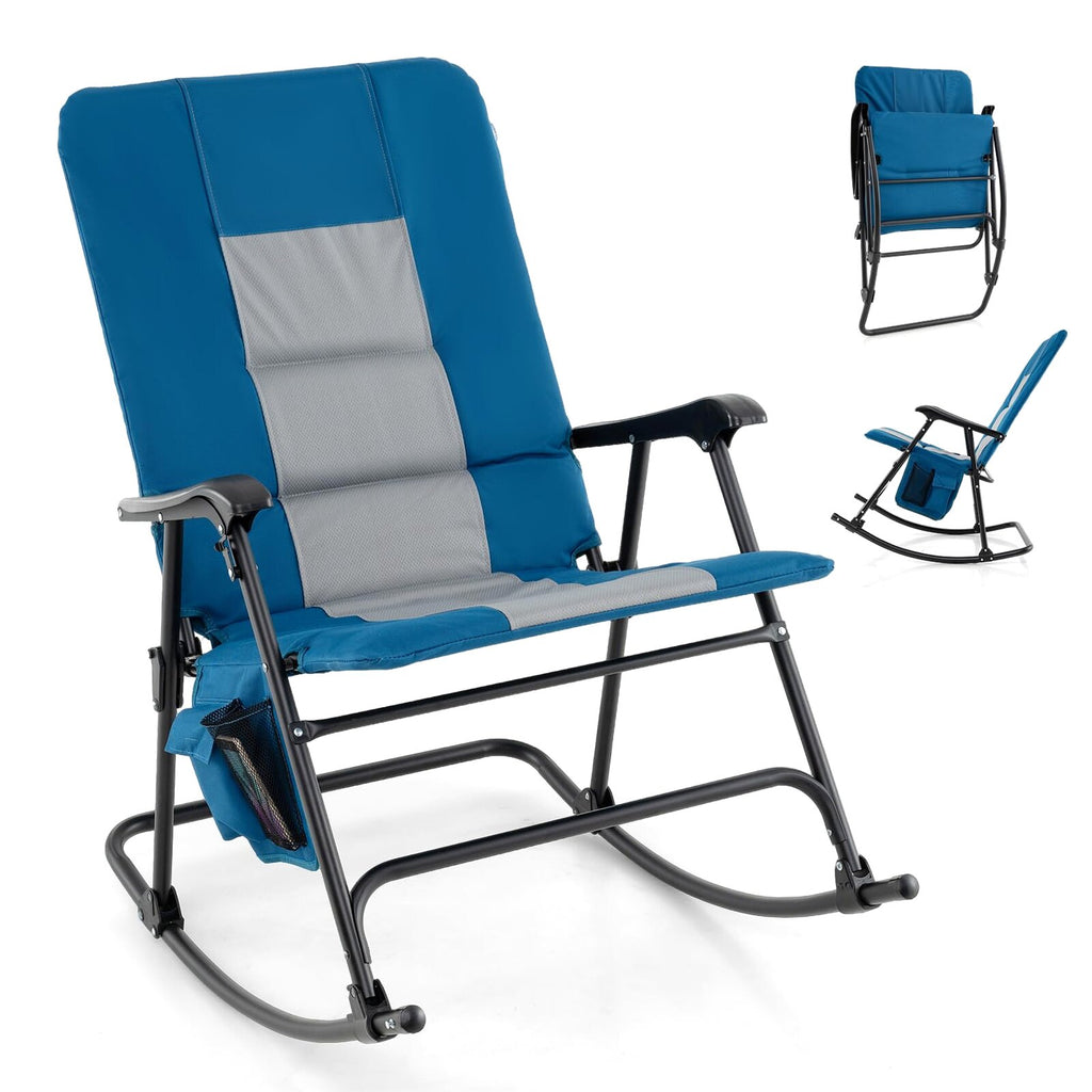 Oversized Folding Rocking Chair With Padded Seat, Metal Frame And Side Pocket