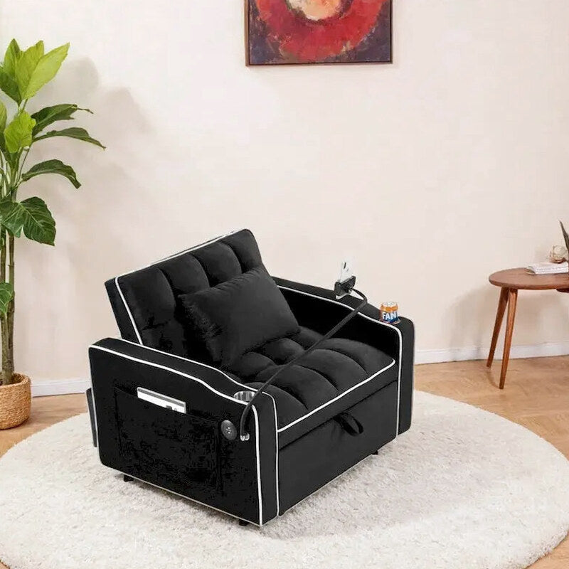 Convertible Sleeper Chair With USB And Type-C Ports - Black Or Grey