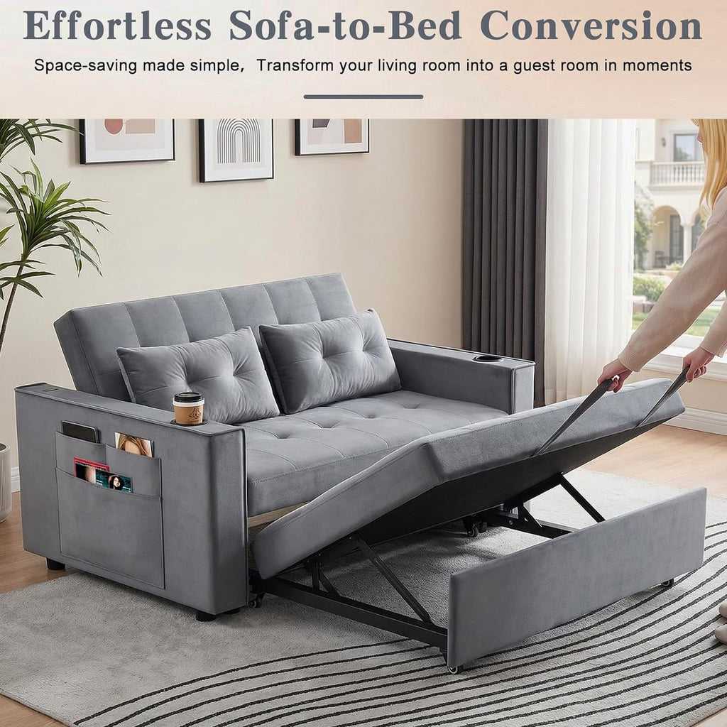 3-in-1 Pull-Out Sofa Bed With Charging Station, Cup Holder And Side Storage - 70in Grey