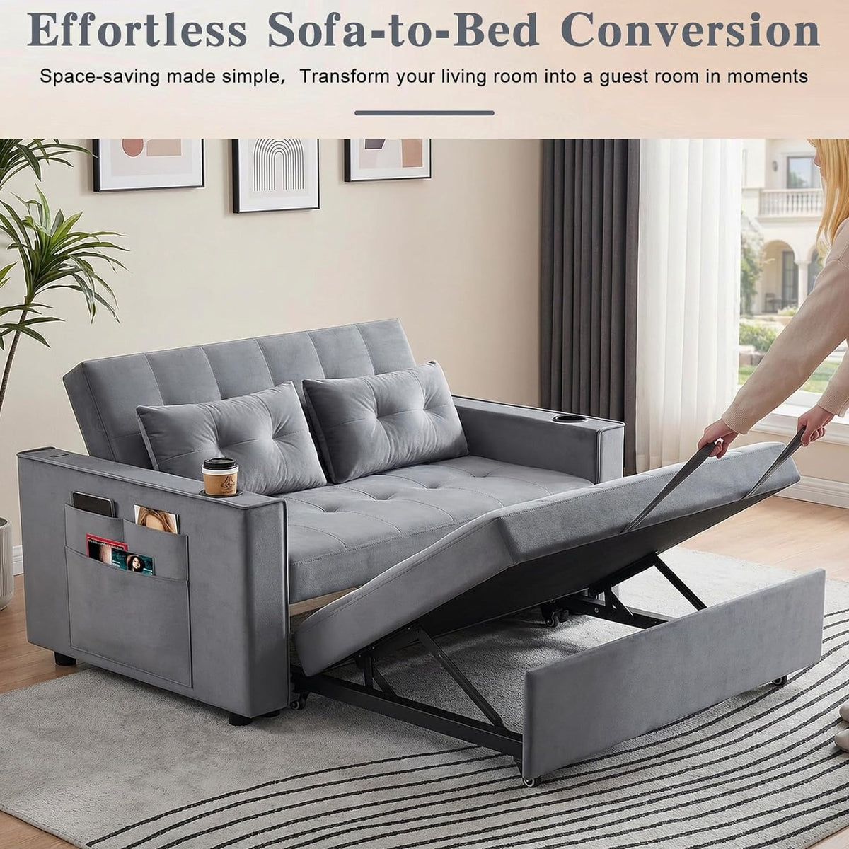3-in-1 Pull-Out Sofa Bed With Charging Station, Cup Holder And Side Storage - 70in Grey