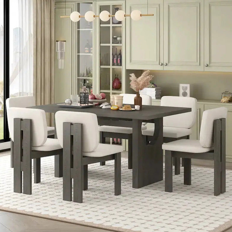 7-Piece Solid Wood Dining Set With Trestle-Base Rectangular Table And 6 Upholstered Chairs