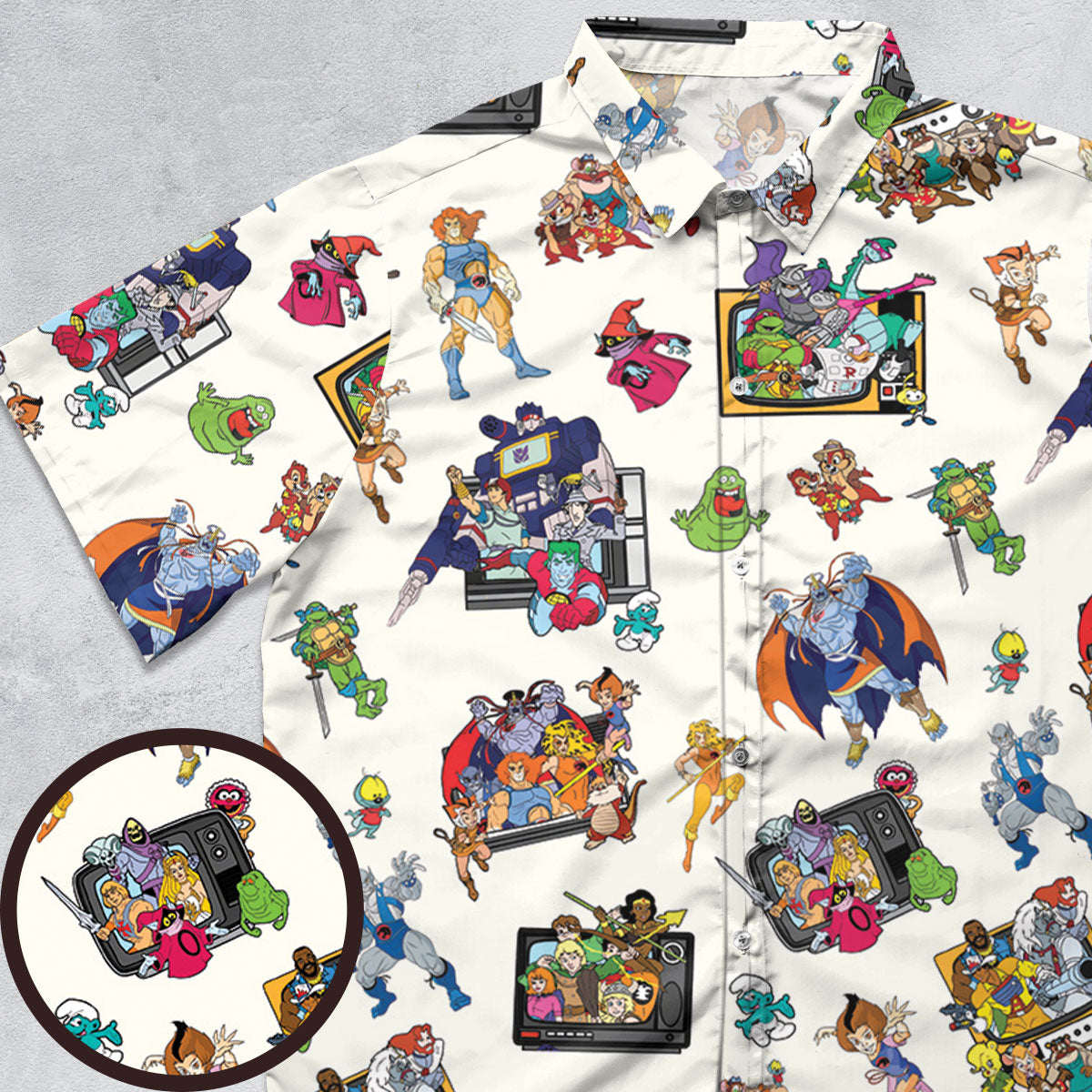 80s Famous Cartoon Characters Pattern Button Down Shirt
