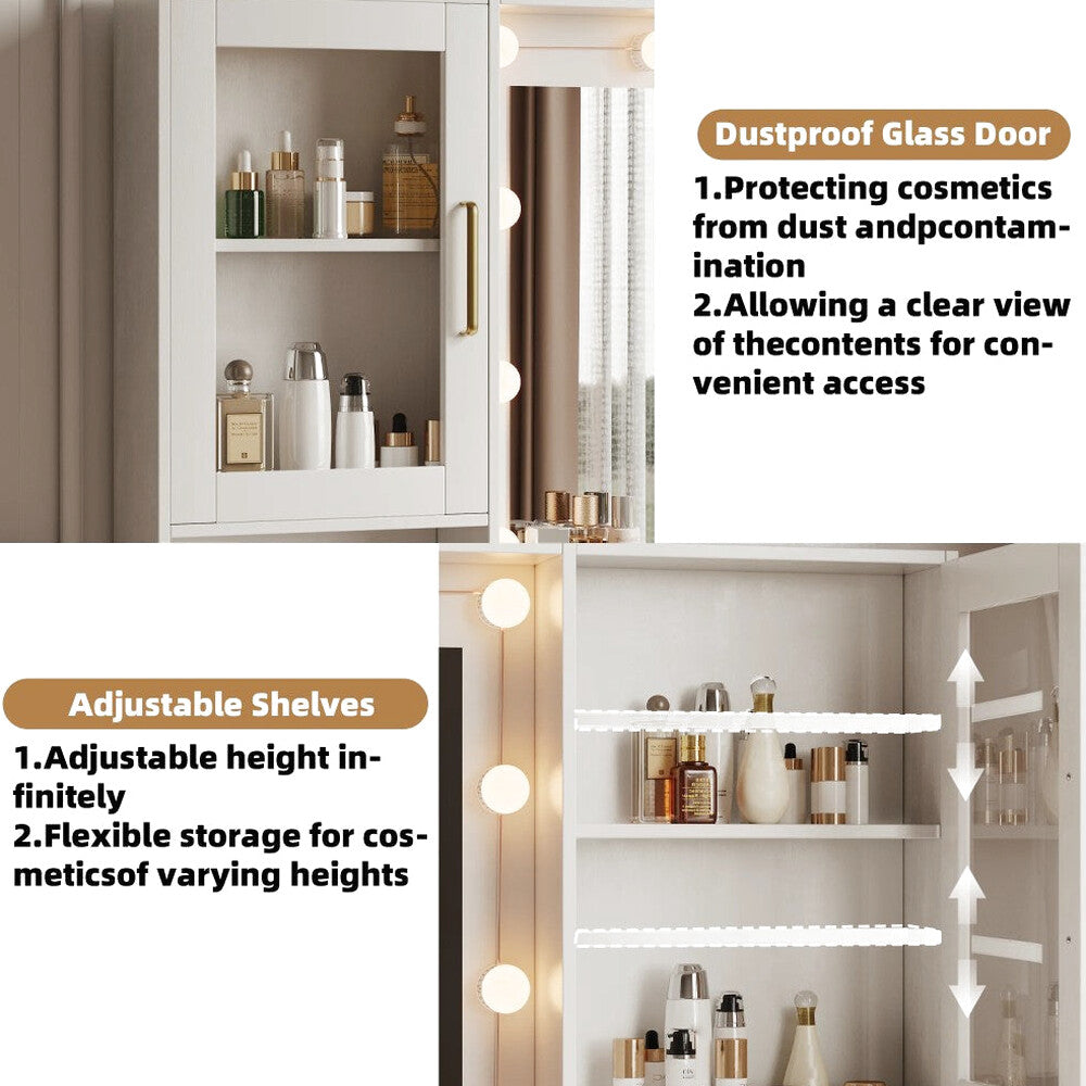 UGTOO LED Makeup Vanity Desk With Mirror, 58.27in, 10 Adjustable LED Bulbs, 8 Drawers, 2 Cabinets, White