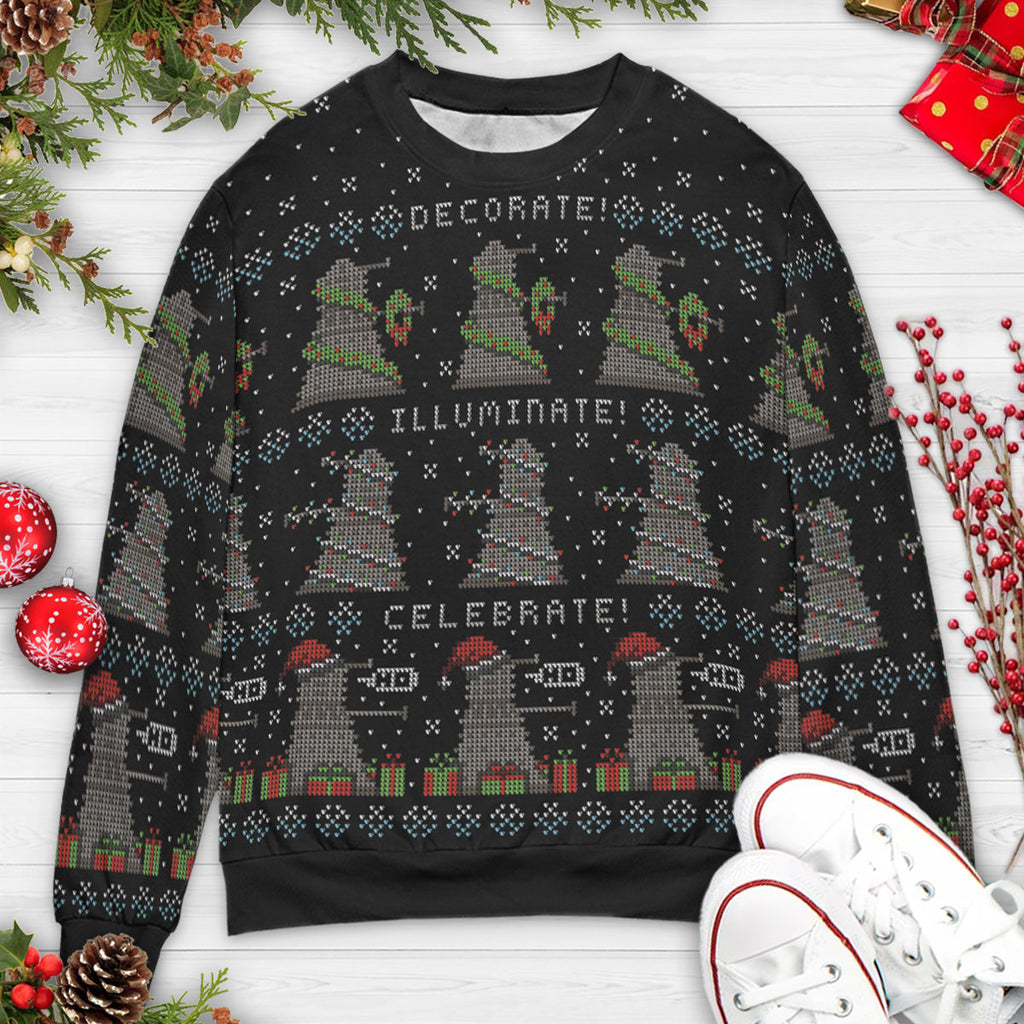 Decorate Illuminate Celebrate Doctor Who Ugly Christmas Sweatshirt