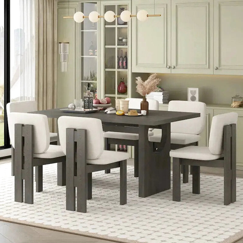 7-Piece Dining Set With Rectangular Trestle Table And 6 Upholstered Chairs