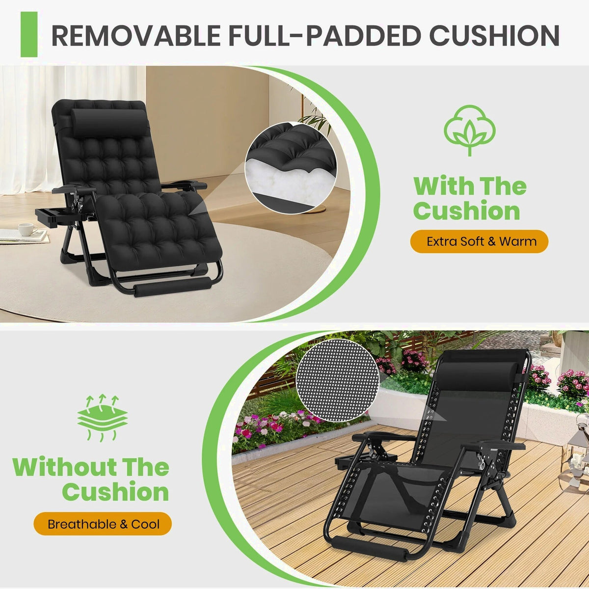 GVDV Zero Gravity Lounge Chair With Cushion And Cup Holder, 31 in D x 33 in W x 45 in H, Black