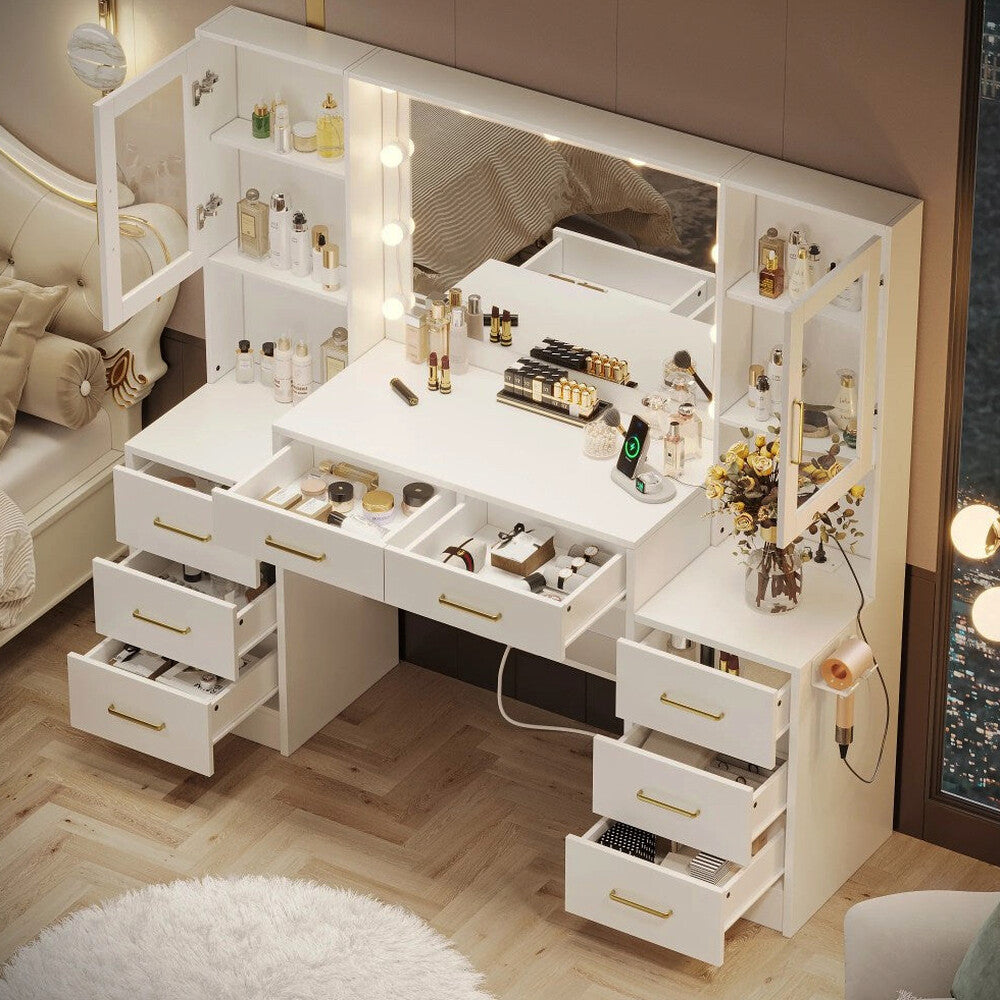 UGTOO LED Makeup Vanity Desk With Mirror, 58.27in, 10 Adjustable LED Bulbs, 8 Drawers, 2 Cabinets, White