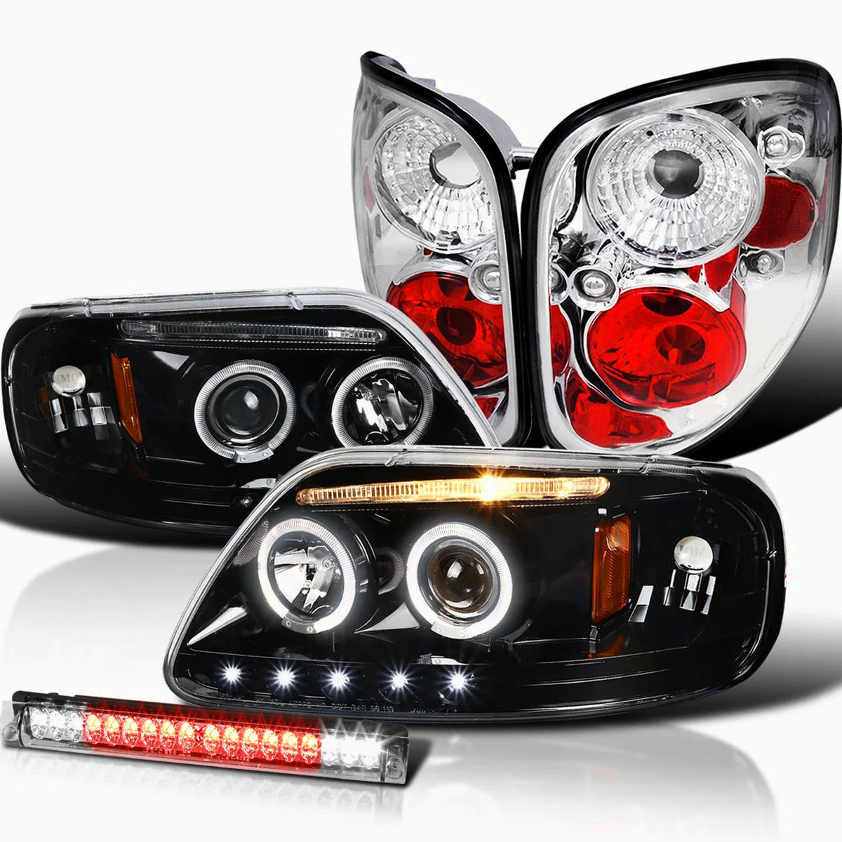Spec-D Tuning Black LED Strip Projector Headlights With 6-LED Fog Lamps - Ford F150 Flareside 1997-2003, 04 Heritage