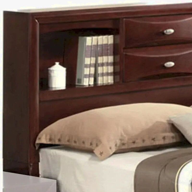 Panel-Style Queen Bookcase Bed With Built-In Drawers - Warm Brown Finish