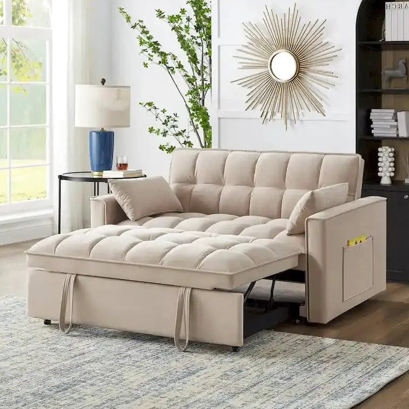 Velvet Pull-Out Sleeper Loveseat - Convertible Reclining Couch With Dual Side Storage Pockets
