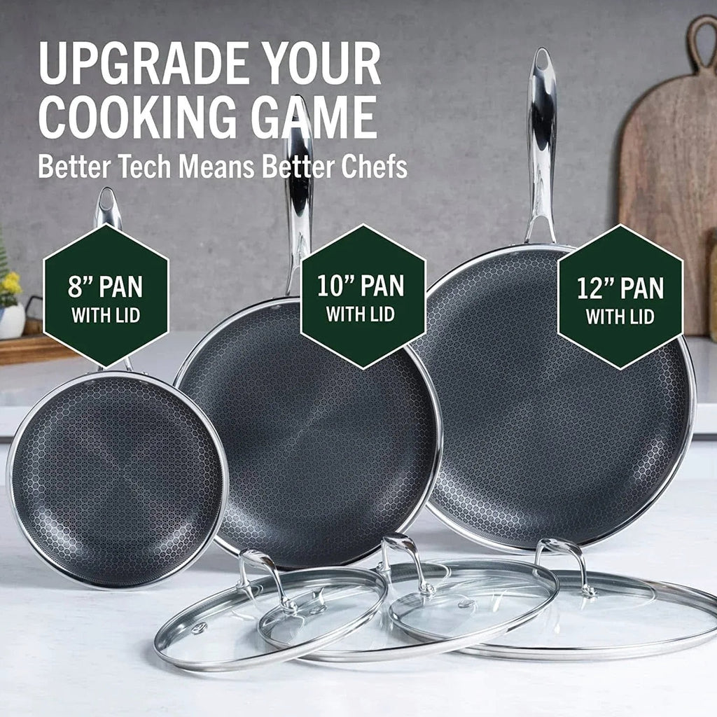 HexClad Hybrid Stainless Steel Cookware Pan Set, 6 Piece, 8 inch, 10 inch, 12 inch, Glass Lids, Black