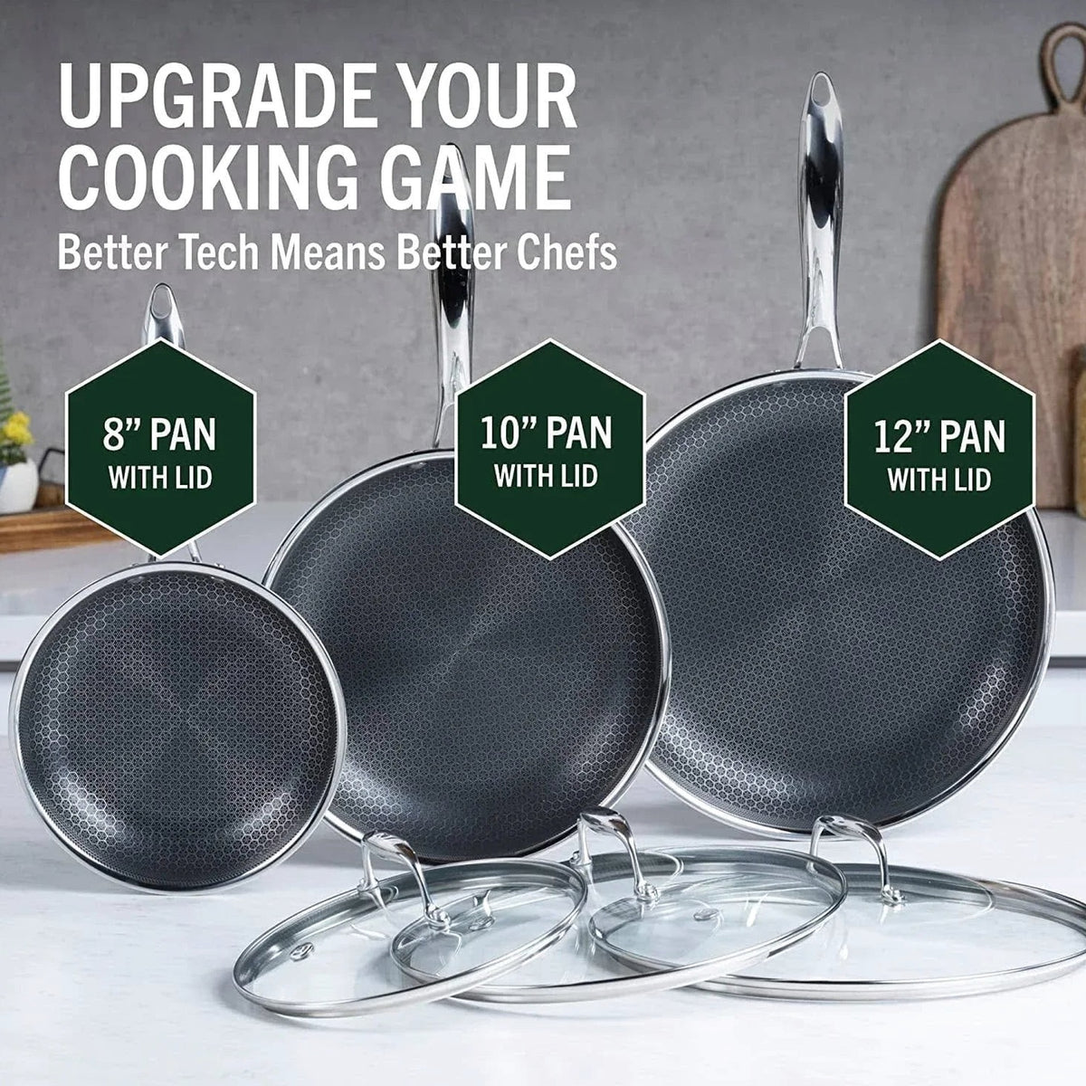 HexClad Hybrid Stainless Steel Cookware Pan Set, 6 Piece, 8 inch, 10 inch, 12 inch, Glass Lids, Black