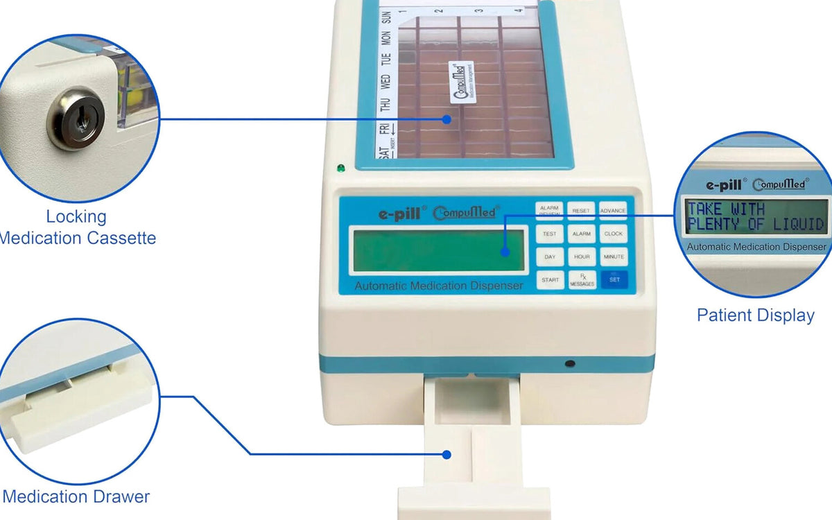 e-pill Automatic Pill Dispenser, Tamper Resistant, AC Powered, 7x4 Weekly Tray - CompuMed