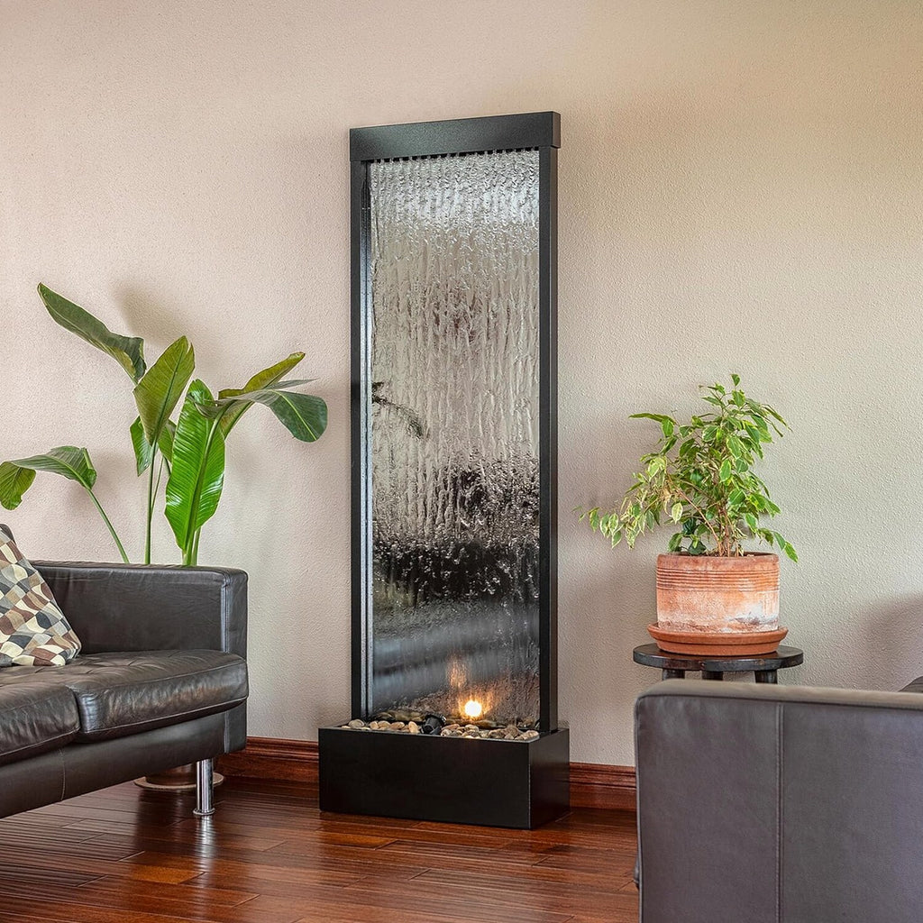 Alpine Corporation Wall-Mounted Mirror Waterfall Fountain With Stones And LED Lights, 24in L x 10in W x 72in H, Silver