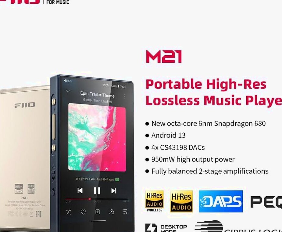 FiiO Hi-Res Music Player, Android 13, Snapdragon 680, 64 GB, Blue-Black - M21