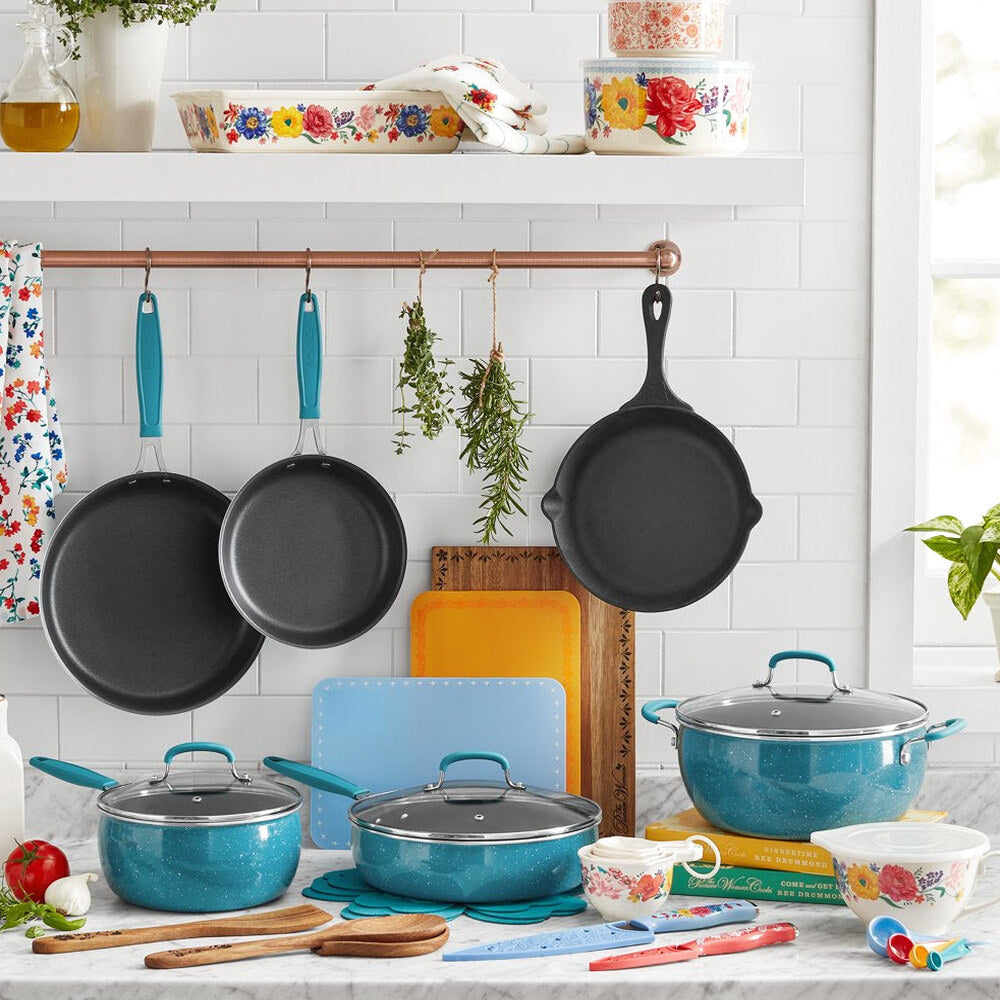 38-Piece Teal Cookware Set With Floral Design