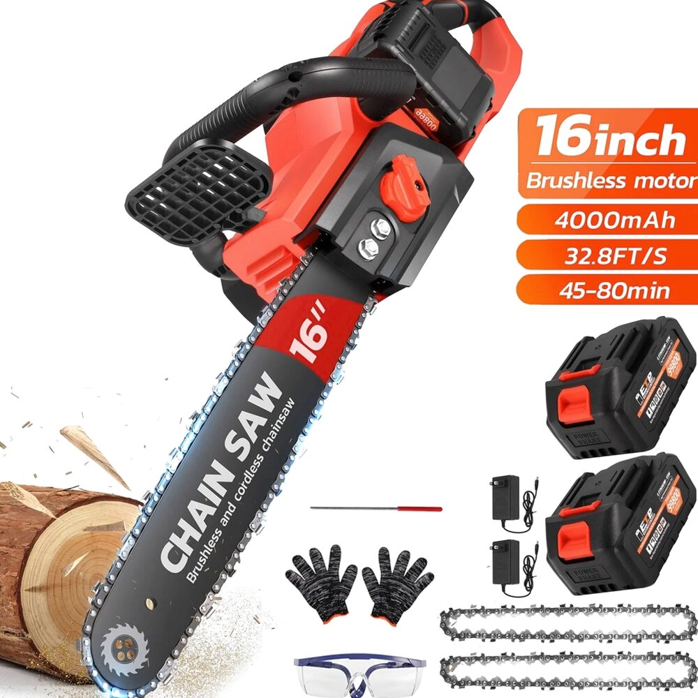 16 Inch 42V Brushless Cordless Chainsaw Kit, 1200W With 2x2000mAh Batteries And 2 Chains