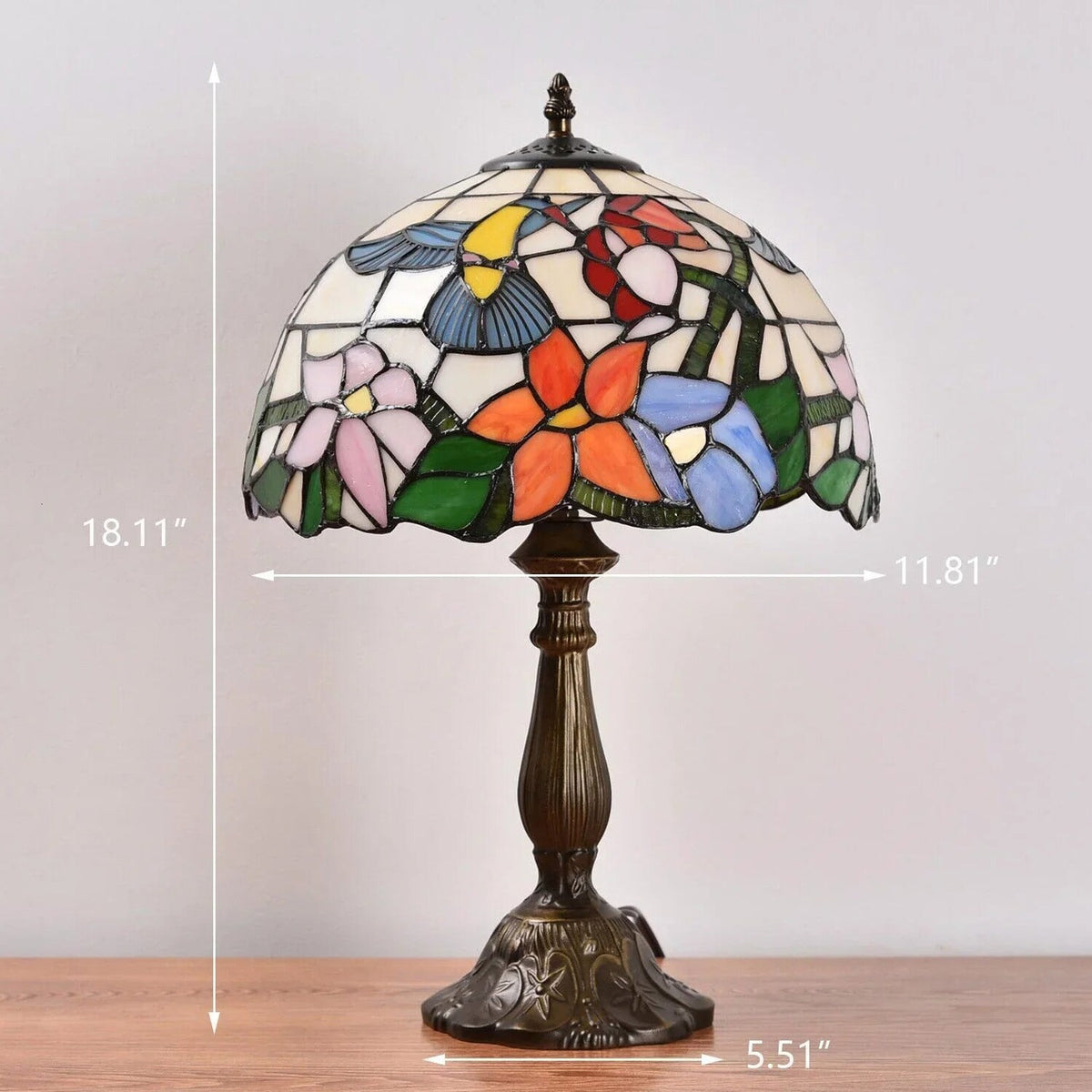 Tiffany Style Stained Glass Hummingbird Table Lamp 12in Shade, 18in Tall