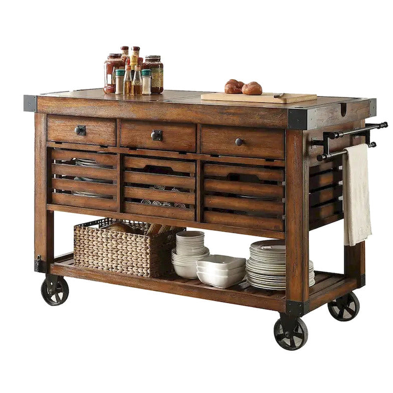 Kitchen Cart Rolling Island With 3 Storage Drawers - Distressed Chestnut