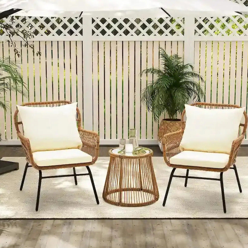 3-Piece Rattan Patio Conversation Set With Glass-Top Bistro Table, Two Wide-Arm Chairs And Seat Cushions