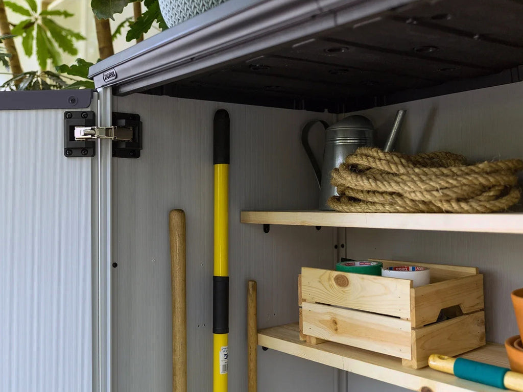 Keter Premier Tall Vertical Resin Outdoor Storage Shed With Floor And Locking Double Doors - Grey