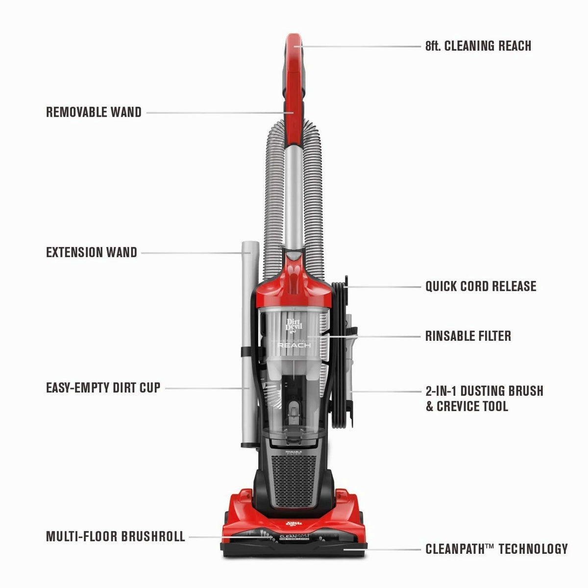 Dirt Devil Endura Reach Upright Bagless Vacuum Cleaner, Corded, Red - UD20124