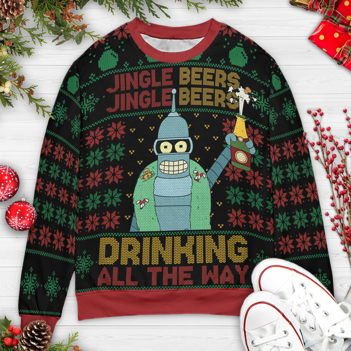 Drinking All The Way Bender Futurama Ugly Christmas Sweatshirt