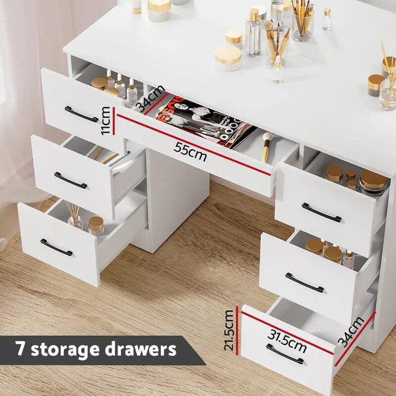 Artiss Dressing Table Set, 7 Drawers, LED Mirror, Stool, 10 Bulbs, White - Debbie