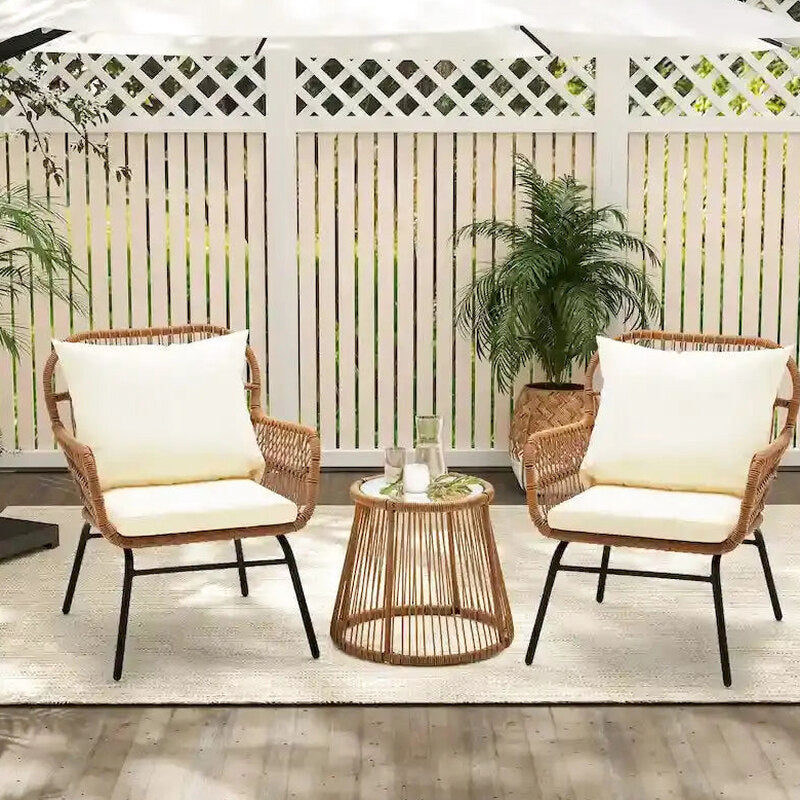 3-Piece Rattan Patio Conversation Set With Glass-Top Bistro Table, Two Wide-Arm Chairs And Seat Cushions