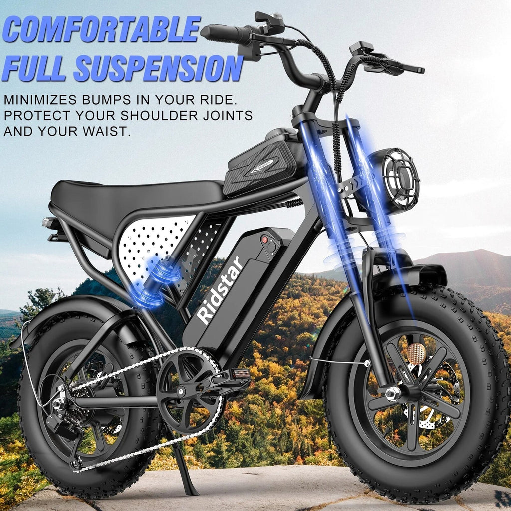 1500W Electric Mountain Bike 48V 20Ah, 20 inch Fat Tires, Shimano 7-Speed, Full Suspension - q20-1500w