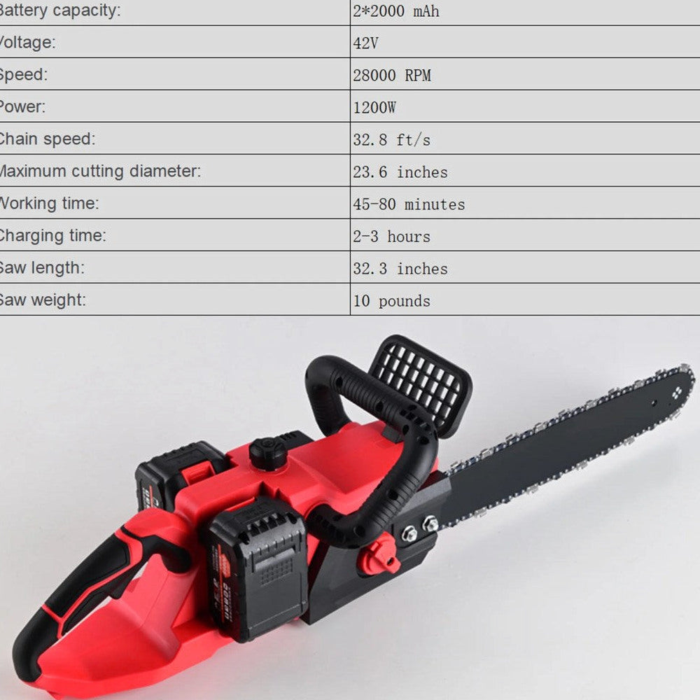 16 Inch 42V Brushless Cordless Chainsaw Kit, 1200W With 2x2000mAh Batteries And 2 Chains