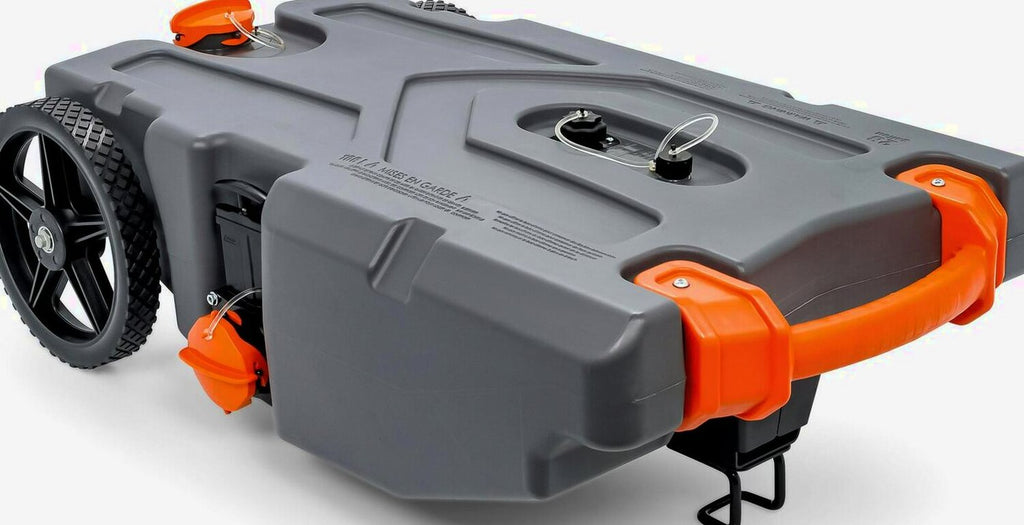 Camco Rhino Heavy Duty 28 Gallon Portable RV Waste Holding Tank With Hose And Accessories, Gray - 39004