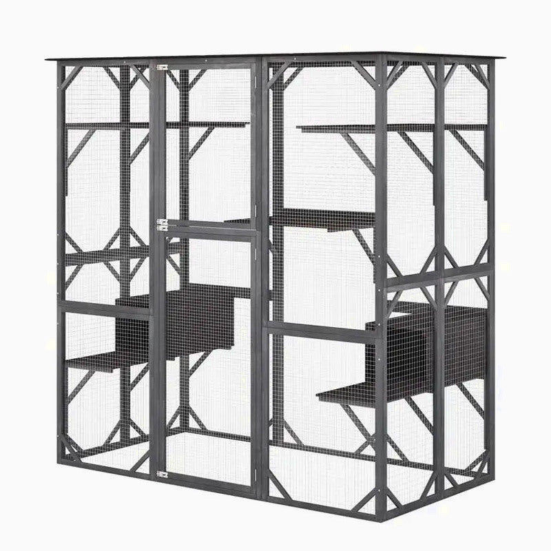 71-Inch Outdoor Wooden Catio Enclosure With 7 Platforms And 2 Condos - Grey
