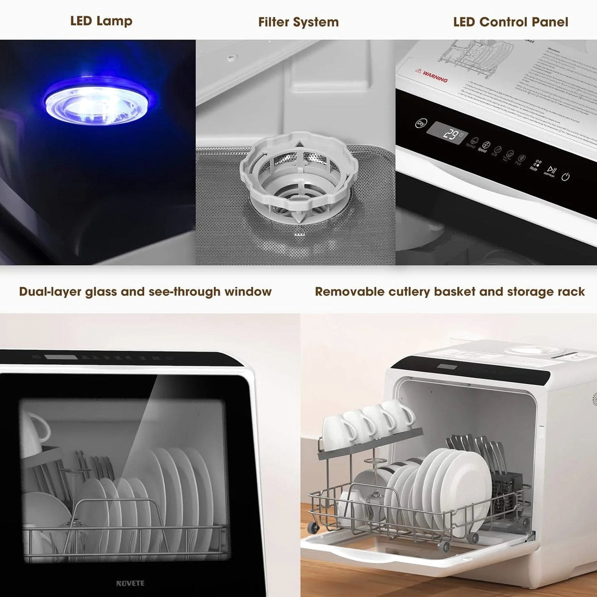 NOVETE Countertop Dishwasher, 5 L Water Tank, 5 Programs, White - TDQR01