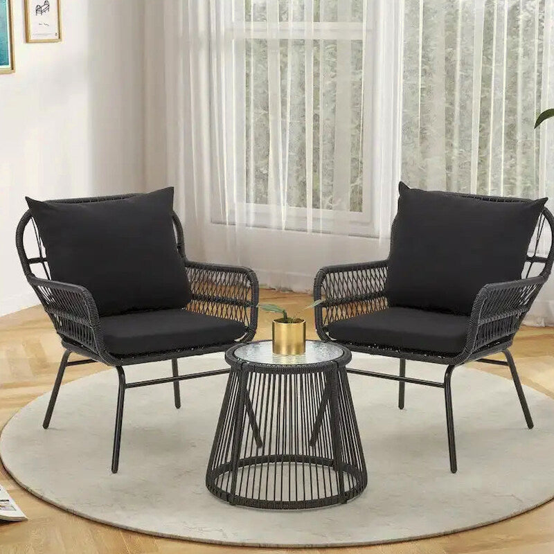 3-Piece Rattan Patio Conversation Set With Glass-Top Bistro Table, Two Wide-Arm Chairs And Seat Cushions