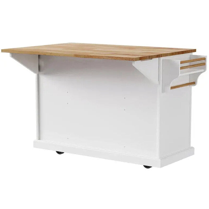 White Rolling Kitchen Island Cart With Drop-Leaf Wood Top, Embossed Finish, Doors And Drawers