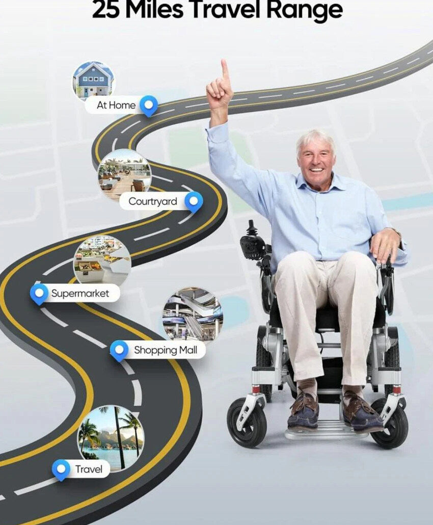 VERPAL Foldable Power Wheelchair, 25 Miles, 500W Dual Motors, 38in D x 25in W x 37in H - Silver Gray