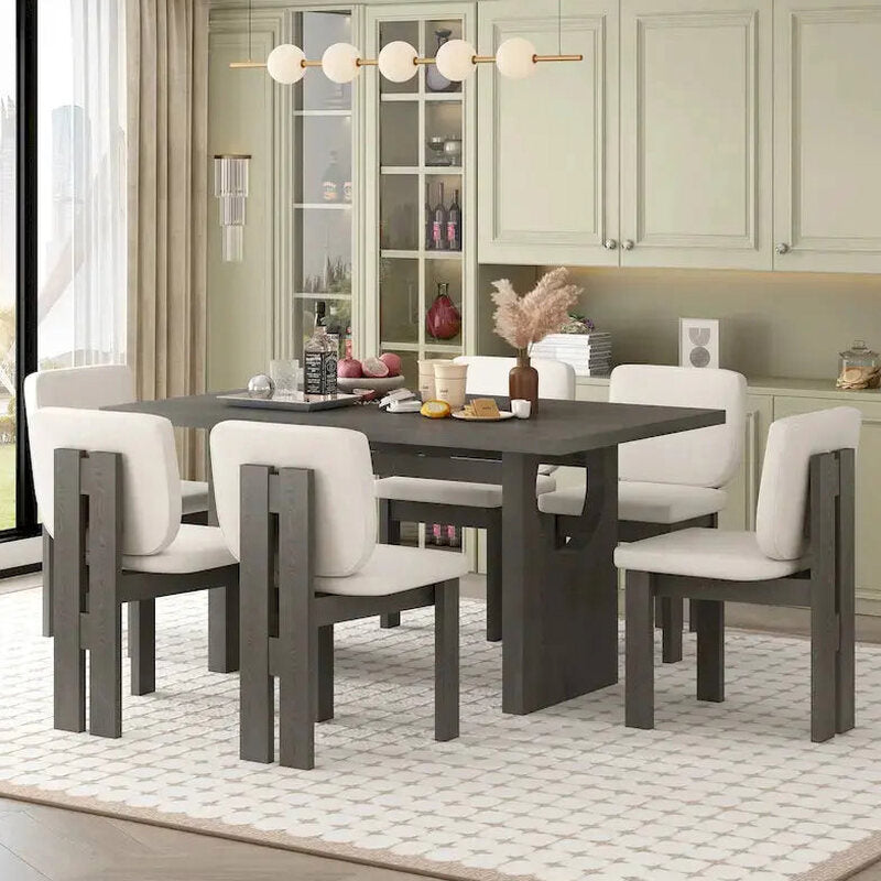 7-Piece Solid Wood Dining Set With Trestle-Base Rectangular Table And 6 Upholstered Chairs