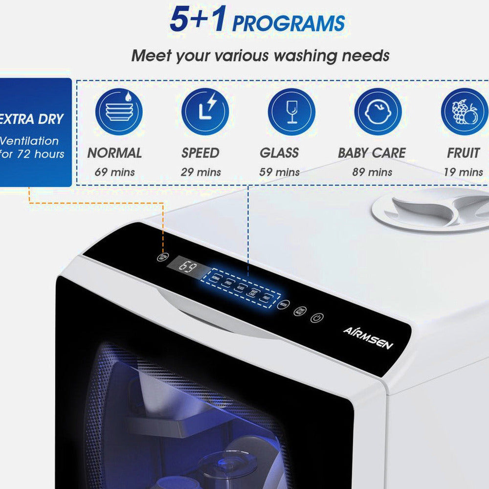 AIRMSEN Portable Countertop Dishwasher, 5-Liter Built-In Water Tank, 5 Washing Programs - AE-TDQR03