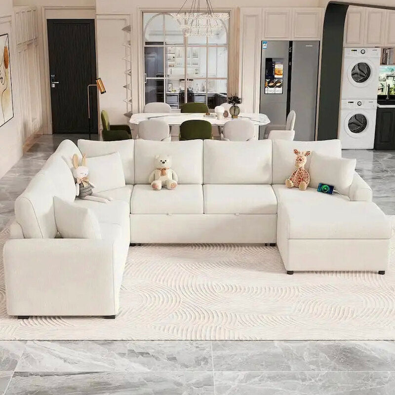 Modular Sectional Sofa Bed With Pull-Out Sleeper, Storage Ottoman, 112.2D x 86.2W x 35.8H