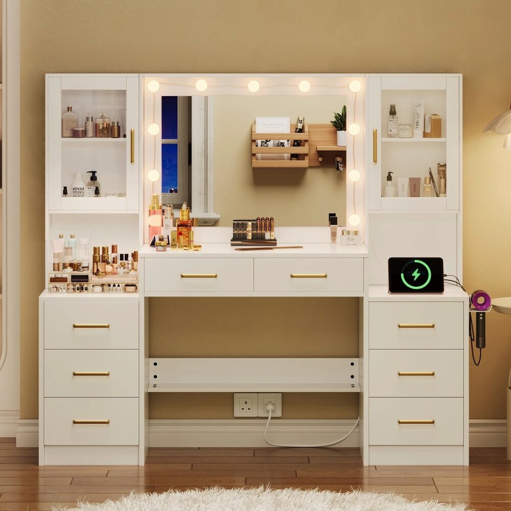 UGTOO LED Makeup Vanity Desk With Mirror, 58.27in, 10 Adjustable LED Bulbs, 8 Drawers, 2 Cabinets, White