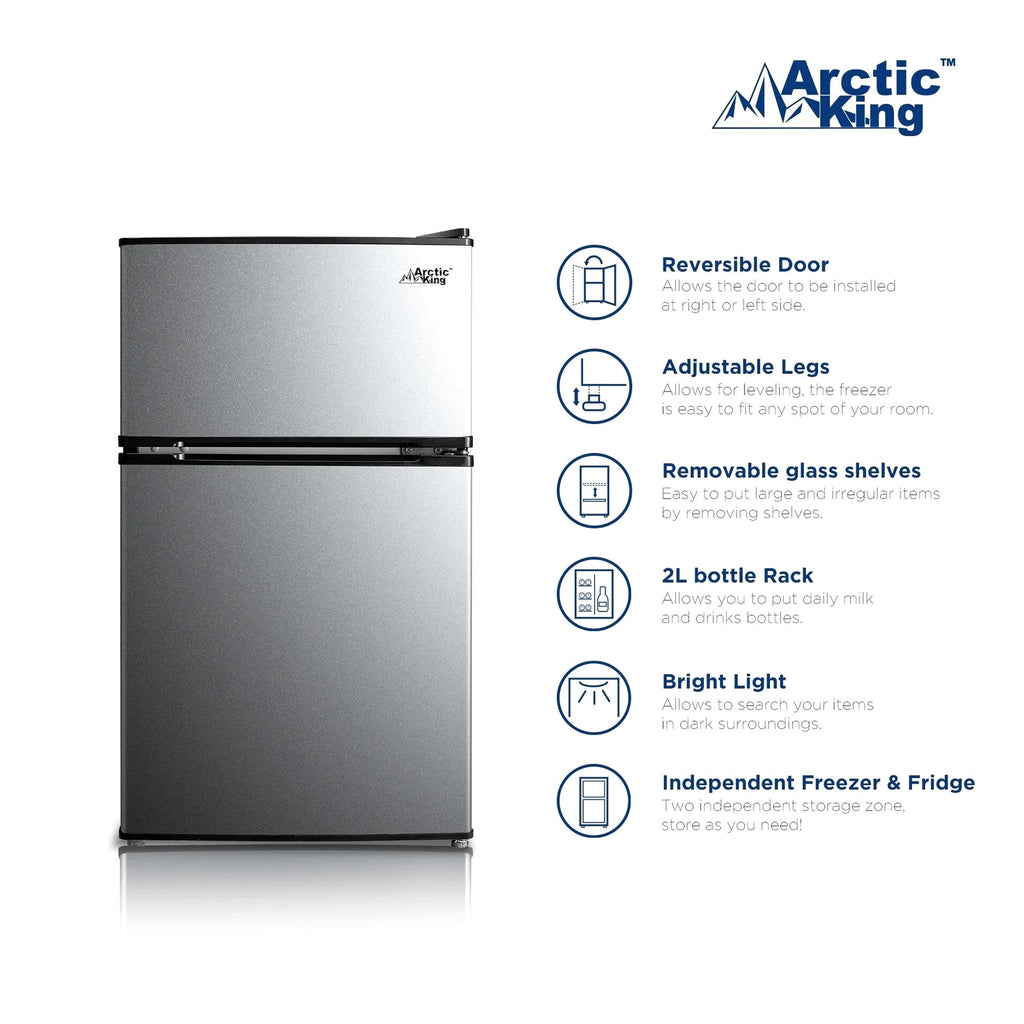 Arctic King Two-Door Mini Fridge With Freezer, 3.2 Cu. Ft., Stainless Steel
