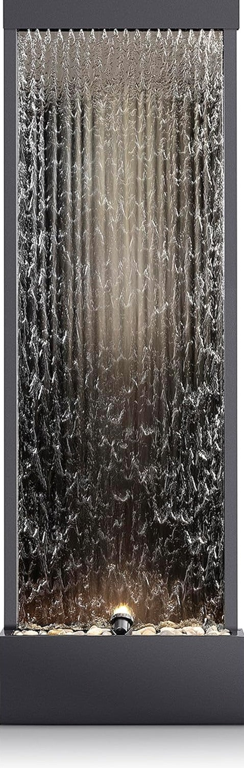 Alpine Corporation Wall-Mounted Mirror Waterfall Fountain With Stones And LED Lights, 24in L x 10in W x 72in H, Silver