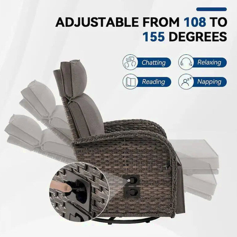 Pocassy 3-Piece Outdoor Recliner Set With Side Tables And Grey Cushions