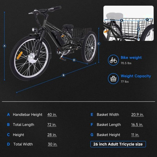 26 Inch Adult 3 Wheel Electric Tricycle With Basket, Fat Tires, 7 Speeds, 350W Motor, 36V 10Ah Battery - 0KT_3xfGu2r4etlrGenxGg69.