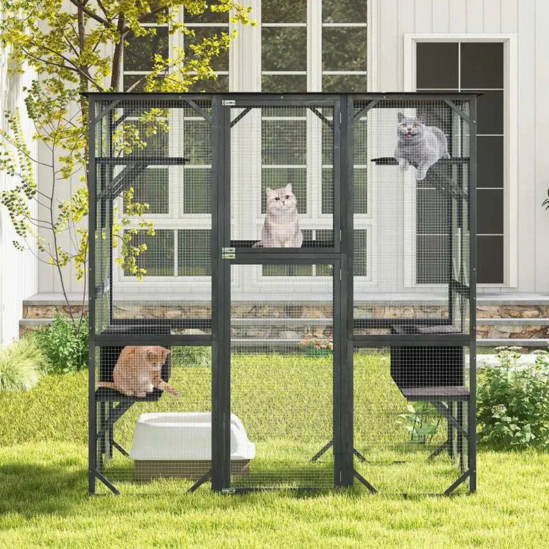 71-Inch Outdoor Wooden Catio Enclosure With 7 Platforms And 2 Condos - Grey