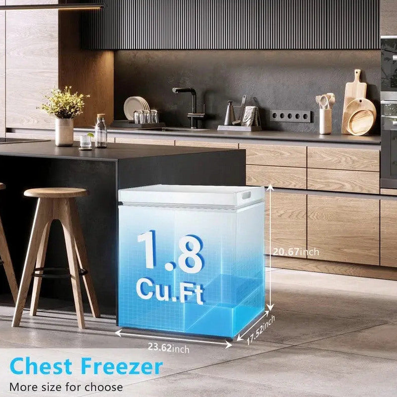 Compact Freestanding Chest Freezer, 1.8 Cu. Ft., Bottom Drain, 7-Tier Thermostat Control