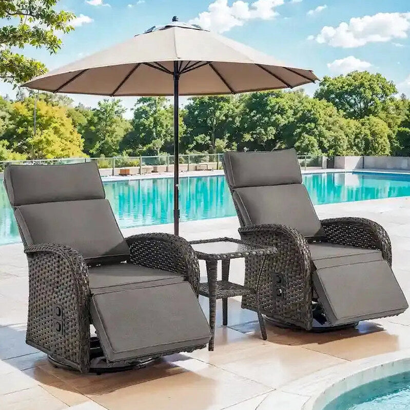 Pocassy 3-Piece Outdoor Recliner Set With Side Tables And Grey Cushions