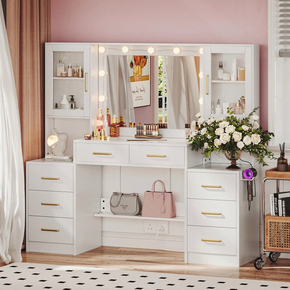 UGTOO LED Makeup Vanity Desk With Mirror, 58.27in, 10 Adjustable LED Bulbs, 8 Drawers, 2 Cabinets, White