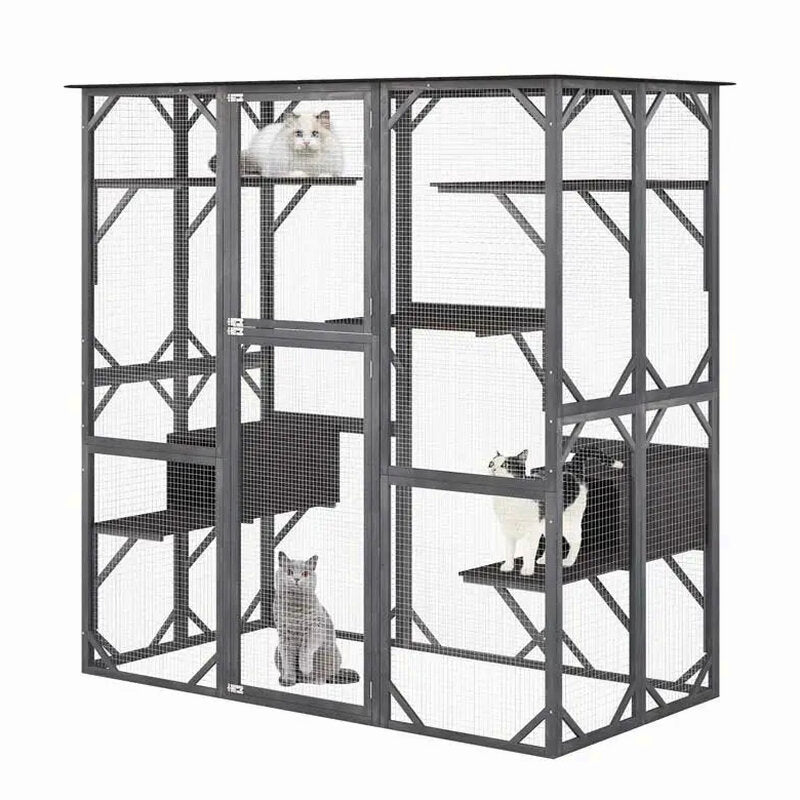 71-Inch Outdoor Wooden Catio Enclosure With 7 Platforms And 2 Condos - Grey